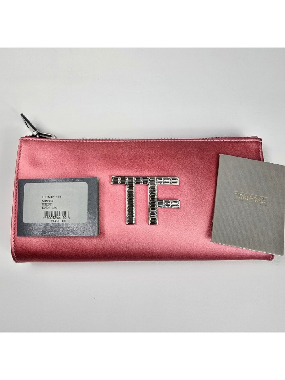 $1490 TOM FORD Pink Satin Swarovski Crystals TF Logo Clutch Bag